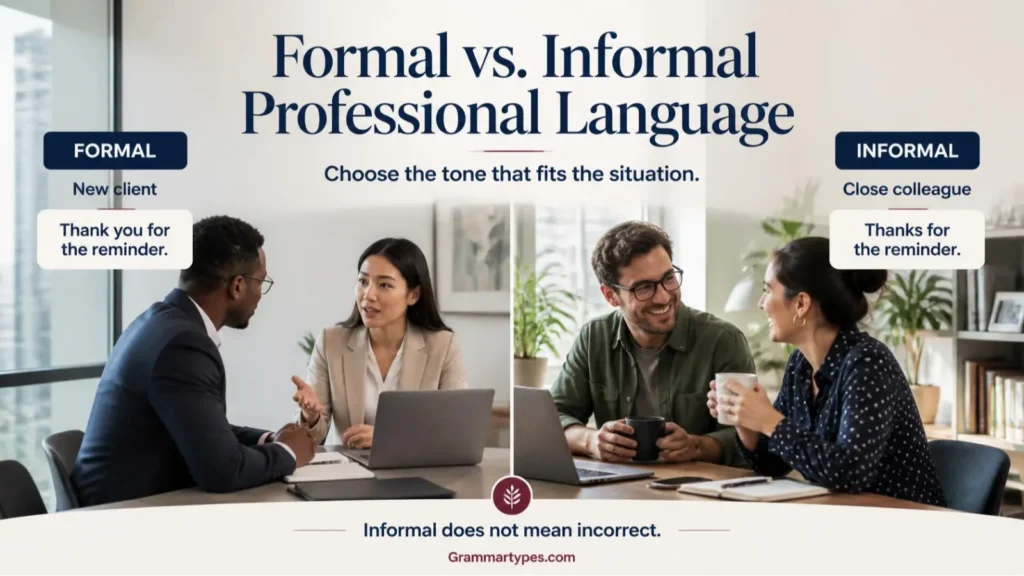 Formal vs. informal professional language examples for clear workplace communication and email writing