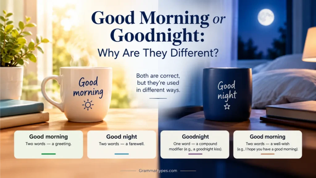 Good morning vs goodnight showing their different uses and spelling