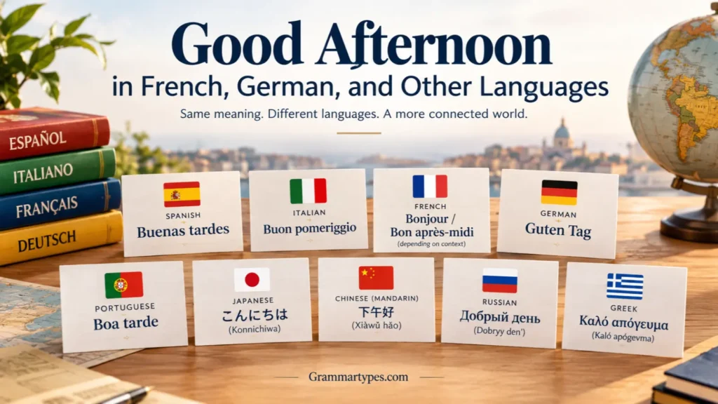 Good afternoon in French, German, and other languages