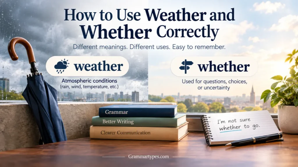 How to use weather and whether correctly with examples of their different meanings and uses