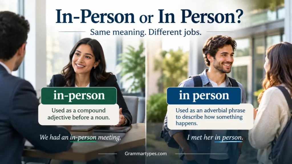 In-person or in person comparison showing when to use the hyphenated and unhyphenated forms