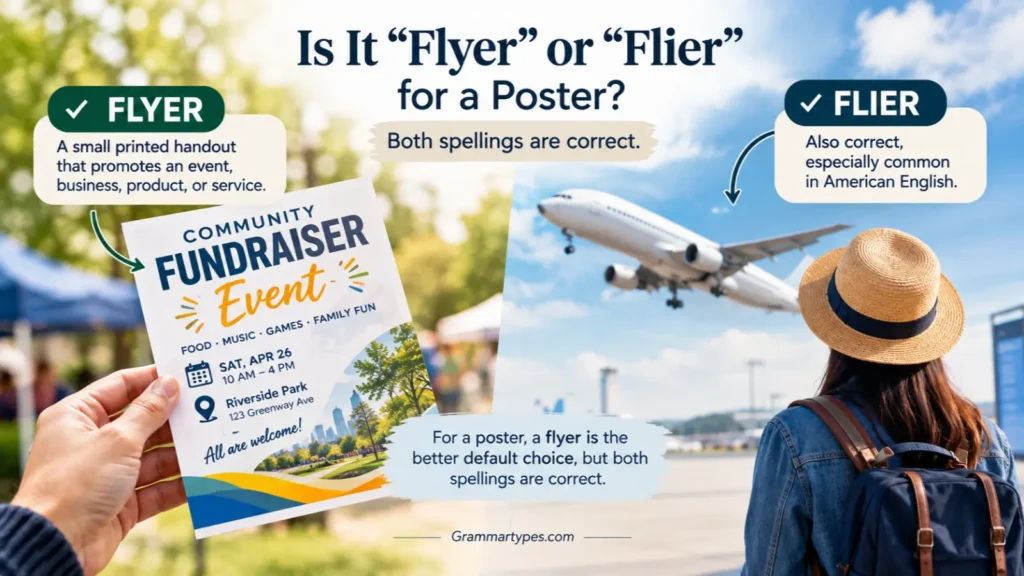 Flyer or flier for a poster showing both spellings are correct