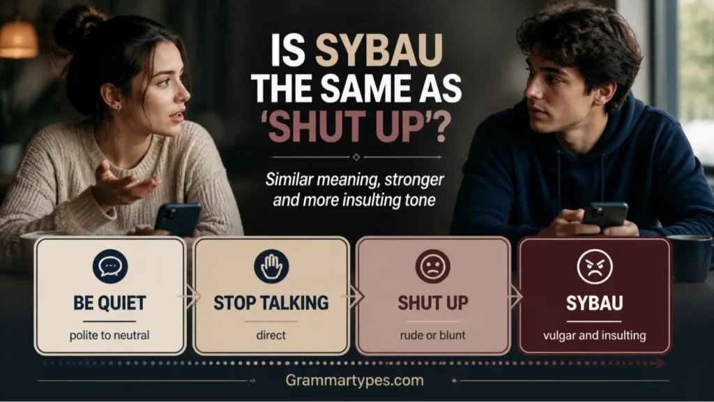 SYBAU meaning compared with shut up in online slang