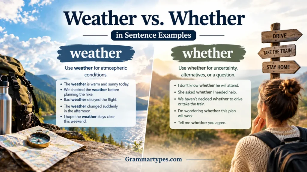 Weather vs. Whether in sentence examples showing their different meanings and usage