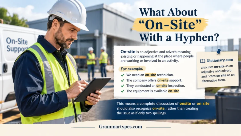 On-site hyphen usage explained with examples of on-site technician, support, inspection, and equipment