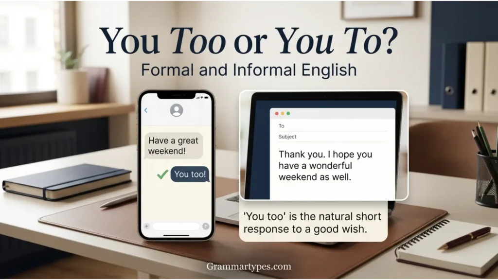 A featured graphic on a modern office desk showing the grammar rule for "You Too or You To" in formal and informal English, featuring a smartphone text message and a laptop email screen.