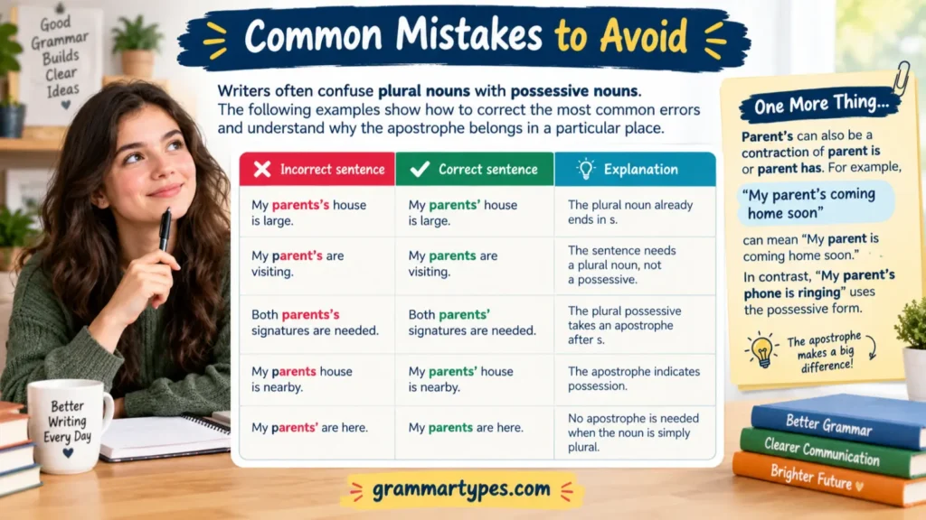 Common mistakes when using parents, parent’s, and parents’ in English grammar