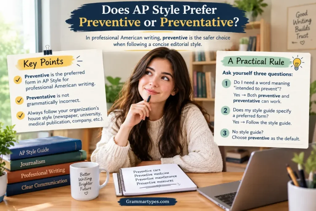 AP Style guide explaining preventive vs. preventative with key points and practical rules.