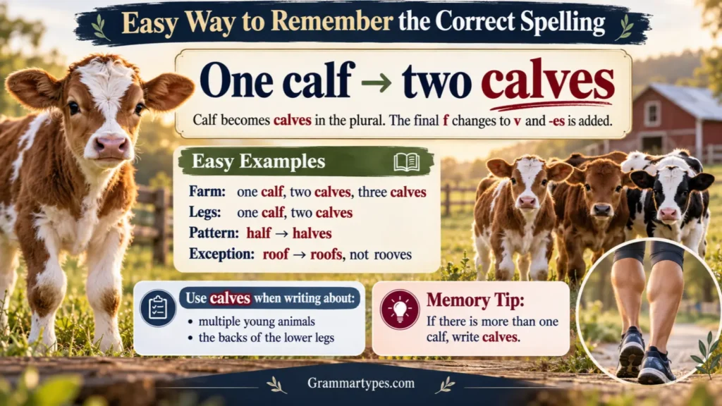 Easy way to remember the correct spelling of calves instead of calfs