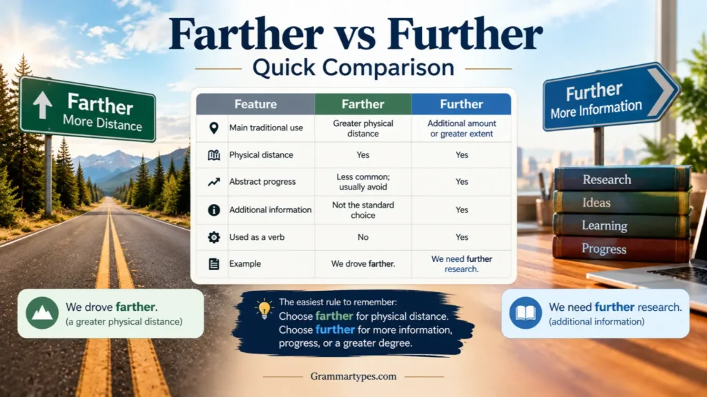 Farther vs further comparison showing the difference in meaning and usage