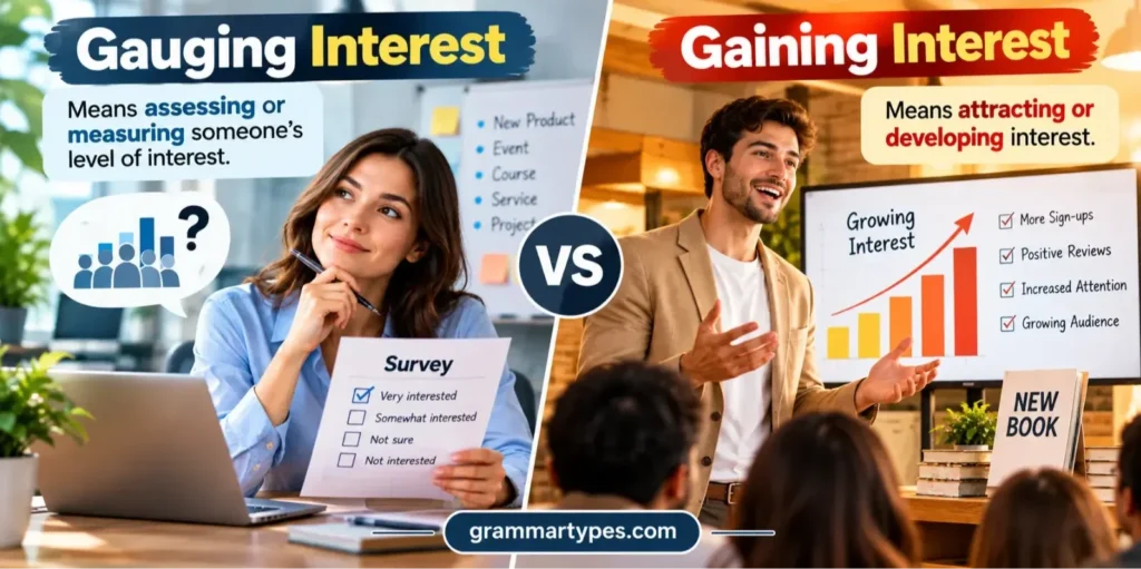 Gauging Interest vs. Gaining Interest differences in meaning and correct usage