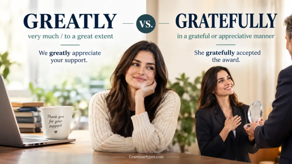 Greatly vs gratefully meaning and usage comparison