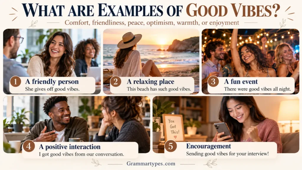 Examples of good vibes with positive energy, kindness, happiness, and uplifting messages