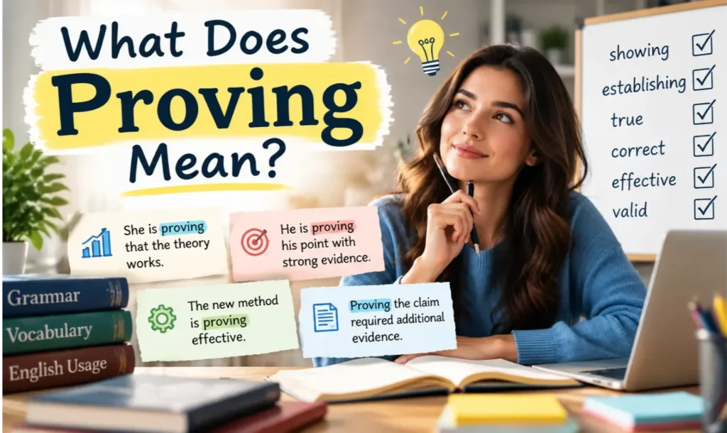 What does proving mean and how is it used in English